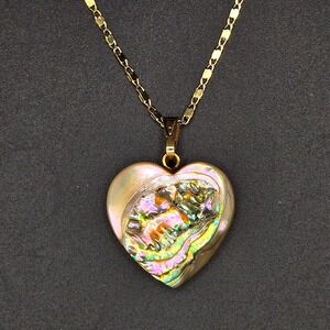 Abalone Shell Iridescent Heart Pendant Necklace Gold‎ Tone Snake Tag Chain MOP